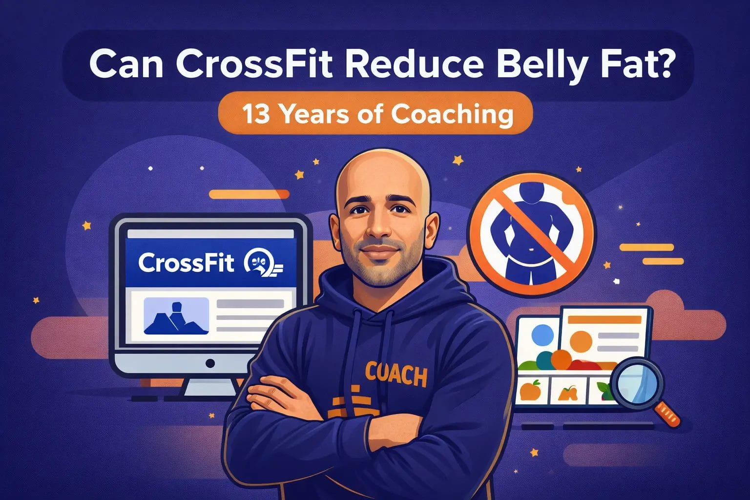 blog image of a computer, crossfit coach avatar and title about belly fat